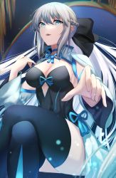 Rule 34 | 1girl, black dress, braid, breasts, center opening, clothing cutout, dress, fate/grand order, fate (series), french braid, herigaru (fvgyvr000), highres, long hair, looking at viewer, medium breasts, morgan le fay (fate), platinum blonde hair, ponytail, solo, stomach cutout, two-tone dress