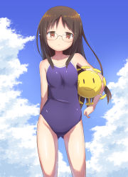 Rule 34 | 1girl, bare arms, bare shoulders, blue sky, blue one-piece swimsuit, breasts, brown eyes, brown hair, carrying, carrying under arm, closed mouth, cloud, cloudy sky, collarbone, commentary request, day, glasses, gluteal fold, highres, long hair, looking at viewer, minakami mai, muu rian, nichijou, one-piece swimsuit, outdoors, school swimsuit, sky, small breasts, solo, standing, swimsuit, very long hair