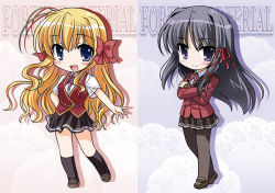 Rule 34 | 2girls, :d, antenna hair, aomasa, aona masao, black hair, black skirt, black socks, blazer, blonde hair, blue background, blue eyes, blush, bow, breasts, buttons, chibi, copyright name, crossed arms, fortune arterial, full body, grey hair, hair bow, hair ribbon, hand on own hip, happy, jacket, kneehighs, kuze kiriha, lace, lace background, light smile, loafers, long sleeves, looking at viewer, miniskirt, multiple girls, neck ribbon, open mouth, pantyhose, pink background, pleated skirt, purple eyes, ribbon, school uniform, sendou erika, shadow, shirt, shoes, short sleeves, sidelocks, skirt, small breasts, smile, socks, standing, tress ribbon, vest, wavy hair