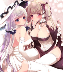 Rule 34 | 2girls, azur lane, black skirt, blush, breasts, cleavage, clothes lift, commentary request, corset, formidable (azur lane), frilled legwear, gothic lolita, grey hair, hat, illustrious (azur lane), large breasts, lifted by self, lolita fashion, looking at viewer, mole, mole under eye, multiple girls, petticoat, sakura (ichisakupink), skirt, skirt lift, sun hat, thighhighs, twintails, white legwear