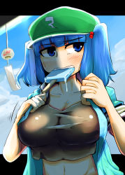 Rule 34 | 1girl, blonde hair, blue eyes, blue hair, blue sky, blush, breasts, cloud, cloudy sky, collarbone, day, dripping, fangs, hair bobbles, hair ornament, hat, highres, jacket, kawashiro nitori, large breasts, matching hair/eyes, midriff, navel, short hair, short sleeves, skindentation, sky, solo, tank top, thecovertgarden, touhou, twintails, two side up, upper body, webbed hands, wind chime