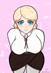 Rule 34 | 1girl, arms behind back, blonde hair, blue eyes, blush, breasts, closed mouth, female focus, jewelry, jlacroixxx, krista lenz, large breasts, looking at viewer, medium hair, necklace, pink background, shingeki no kyojin, simple background, solo, standing, tagme, thighs