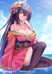 Rule 34 | 1girl, absurdres, akanora, artist name, azur lane, bare shoulders, black thighhighs, blue background, blue sky, breasts, clip studio paint (medium), highres, japanese clothes, kimono, large breasts, looking at viewer, mask, mask on head, off shoulder, red eyes, red kimono, red skirt, skirt, sky, taihou (azur lane), thighhighs, wet
