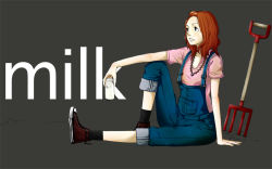 Rule 34 | 1girl, converse, milk, original, overalls, pitchfork, red hair, shoes, sitting, sneakers