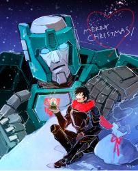 Rule 34 | 1980s (style), 2boys, ^ ^, autobot, black hair, blue eyes, character request, christmas, closed eyes, closed eyes, gift, gloves, glowing, glowing eyes, happy, height difference, insignia, kup (transformers), mecha, merry christmas, multiple boys, oldschool, open mouth, retro artstyle, robot, sack, short hair, smile, snow, snow globe, snowflakes, snowing, standing, toriko (hogetara), transformers, upper body