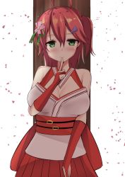Rule 34 | 1girl, ahoge, bare shoulders, belt, blush, breasts, cleavage, cleavage cutout, clothing cutout, female focus, flower, green eyes, hair ornament, hairclip, highres, hololive, nontraditional miko, petals, pink hair, sakura miko, solo, tagme, virtual youtuber, zatu