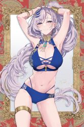 Rule 34 | 1girl, absurdres, armpits, arms up, bikini, blue bikini, breasts, cleavage, feather hair ornament, feathers, hair ornament, high ponytail, highres, hololive, hololive indonesia, large breasts, long hair, looking at viewer, navel, parted lips, pavolia reine, pochi (pochi-goya), smile, solo, swimsuit, very long hair, virtual youtuber