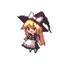 Rule 34 | 1girl, apron, black hat, blonde hair, blush stickers, bow, brown eyes, full body, hat, hat bow, kaminendo, kirisame marisa, long hair, looking at viewer, open mouth, pixel art, short sleeves, simple background, smile, solo, touhou, waist apron, white apron, white background, white bow, witch hat