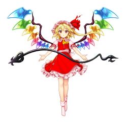 Rule 34 | 1girl, ascot, blonde hair, closed mouth, crystal, embodiment of scarlet devil, flandre scarlet, frilled skirt, frills, full body, game cg, hat, hat ribbon, highres, laevatein (touhou), looking at viewer, mob cap, one side up, pink hat, pink socks, rainbow order, red eyes, red ribbon, red skirt, red vest, ribbon, rotte (1109), short sleeves, simple background, skirt, socks, solo, third-party source, touhou, touhou lostword, vest, white background, wings, yellow ascot