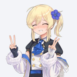 Rule 34 | absurdres, ahoge, alternate costume, ascot, belt, blonde hair, blue ascot, blue belt, blue flower, blush, braid, breasts, closed eyes, commentary, double v, flower, girls&#039; frontline, gloves, hair between eyes, hair flower, hair ornament, half gloves, highres, jacket, jacket partially removed, light leave, nagant revolver (astral bond) (girls&#039; frontline), nagant revolver (girls&#039; frontline), open mouth, puffy sleeves, short sleeves, side ponytail, simple background, small breasts, smile, striped clothes, striped gloves, v, white background, white gloves, white jacket