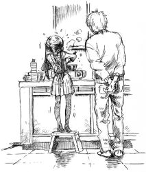 Rule 34 | 1boy, 1girl, apron, arms behind back, cooking, feet, flying sweatdrops, from behind, greyscale, height difference, jikken shirou, kitchen, long hair, minori kenshirou, monochrome, no shoes, original, pantyhose, sketch, skirt, standing, stool, tiptoes, twintails