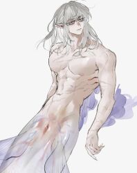 Rule 34 | 1boy, chinese commentary, cloaca, closed mouth, colored sclera, commentary request, fingernails, fins, gills, grey background, grey hair, grey scales, grey sclera, highres, large pectorals, long hair, looking to the side, male focus, merman, monster boy, monsterification, nipples, original, pectorals, pointy ears, reverse newhalf, scales, scar, scar on arm, scar on chest, scar on hand, scar on shoulder, scar on stomach, sharp fingernails, simple background, slit pupils, solo, sun nnnun, toned, toned male, too many, too many scars, upper body, white eyes