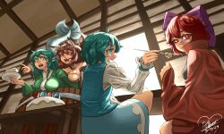 Rule 34 | 4girls, absurdres, animal ears, bare shoulders, blue eyes, blue hair, blue sky, blue vest, bow, breasts, brown eyes, brown hair, cake, cleavage, commentary, dated, drill hair, drill sidelocks, english commentary, fins, food, green kimono, hair bow, head fins, highres, hippppodraw, holding, holding plate, imaizumi kagerou, indoors, japanese clothes, kimono, large breasts, long hair, long sleeves, mermaid, milestone celebration, monster girl, multiple girls, plate, purple bow, red eyes, red hair, sekibanki, shirt, sidelocks, signature, sitting, sky, tail, tatara kogasa, touhou, vest, wakasagihime, white shirt, wolf ears, wolf girl, wolf tail