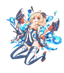 Rule 34 | !, 12cat, 1girl, @ @, ahoge, bare shoulders, blonde hair, boots, breasts, cannon, detached sleeves, explosion, fish, floating, full body, headband, headgear, looking at viewer, machinery, mole, mole under eye, navel, official art, open mouth, pink eyes, rudder footwear, short twintails, small breasts, solo, tang (warship girls r), thigh boots, thighhighs, torn clothes, torn thighhighs, twintails, warship girls r, white background