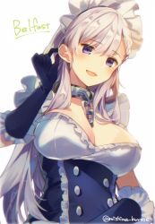 Rule 34 | 1girl, adjusting hair, azur lane, belfast (azur lane), black gloves, blush, braid, breasts, buttons, chain, character name, cleavage, collar, commentary request, dress, french braid, frilled dress, frills, from below, gloves, large breasts, long hair, looking at viewer, maid, maid headdress, mishima kurone, purple eyes, silver hair, smile, solo, twitter username, upper body