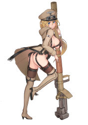 Rule 34 | absurdres, ass, belt, bikini, black bikini, black thighhighs, blonde hair, blue eyes, blush, boots, breasts, brown coat, brown footwear, brown hat, cannon, coat, commentary request, covered erect nipples, from side, full body, garter straps, goggles, goggles on headwear, hair between eyes, hat, high heel boots, high heels, highres, hood, hooded coat, large breasts, long hair, long sleeves, looking back, military hat, nib pen (medium), open clothes, open coat, panzer waltz, parted lips, peaked cap, personification, pouch, revealing clothes, simple background, smile, solo, standing, standing on one leg, stmast, swimsuit, tally, thigh boots, thigh strap, thighhighs, thighhighs under boots, traditional media, very long hair, weapon, white background