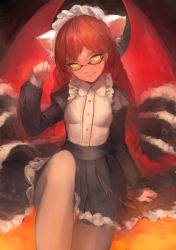 Rule 34 | 1girl, absurdres, animal ears, animal hands, black coat, black skirt, braid, brown pantyhose, cat ears, closed mouth, coat, copyright request, glasses, gloves, hand up, hat, highres, hoojiro, long hair, long sleeves, looking at viewer, maid, pantyhose, paw pose, red hair, revision, semi-rimless eyewear, shirt, sitting, skirt, slit pupils, smile, solo, strap slip, suspender skirt, suspenders, twin braids, under-rim eyewear, very long hair, white gloves, white shirt, yellow eyes