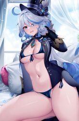 Rule 34 | 1girl, ahoge, bikini, blue bikini, blue eyes, blue hair, blue hat, blue jacket, breasts, brooch, colored inner hair, commentary, english commentary, furina (genshin impact), genshin impact, gloves, grey hair, hair intakes, hand up, hat, indoors, izulizuru, jacket, jewelry, long sleeves, looking at viewer, medium breasts, multicolored hair, navel, open clothes, open jacket, open mouth, pillow, sitting, solo, stomach, streaked hair, swimsuit, thighs, top hat, white gloves