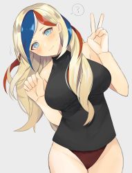 Rule 34 | 1girl, ?, black shirt, blonde hair, blue eyes, blue hair, breasts, brown panties, commandant teste (kancolle), commentary request, cowboy shot, grey background, highres, kantai collection, large breasts, leaning to the side, long hair, multicolored hair, panties, red hair, shirt, simple background, sleeveless, sleeveless shirt, solo, spoken question mark, streaked hair, toriniku senshi chikinman, turtleneck, underwear, v, white hair