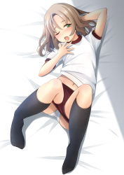 Rule 34 | 1girl, arm behind head, arm up, brown buruma, brown hair, buruma, buruma pull, clothes pull, commentary request, full body, green eyes, gym shirt, gym uniform, hand to own mouth, hand up, highres, kneehighs, knees up, long hair, looking at viewer, lying, navel, on back, one eye closed, open mouth, original, panties, parted bangs, puffy short sleeves, puffy sleeves, shibacha, shirt, short sleeves, socks, solo, underwear, white panties, white shirt