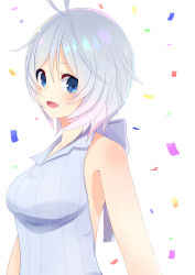 Rule 34 | .live, 1girl, :d, absurdres, antenna hair, bad id, bad pixiv id, bare shoulders, blue eyes, blush, bow, breasts, choco (chocovix112), collared shirt, confetti, dress, eyebrows hidden by hair, grey bow, grey hair, grey shirt, hair between eyes, highres, looking at viewer, medium breasts, open mouth, parted bangs, shirt, short hair, simple background, dennou shoujo siro, sleeveless, sleeveless dress, smile, solo, upper body, virtual youtuber, white background