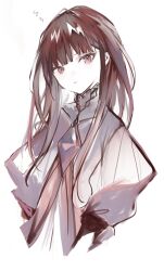 Rule 34 | 1girl, brown eyes, brown hair, closed mouth, cropped torso, grey jacket, head tilt, jacket, long hair, looking at viewer, lpip, original, simple background, solo, upper body, white background