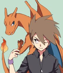 Rule 34 | 1boy, ;), blue oak, brown hair, charizard, closed mouth, collared shirt, commentary, creatures (company), game freak, gen 1 pokemon, green background, green eyes, holding, holding poke ball, jewelry, male focus, necklace, nintendo, nm222, one eye closed, poke ball, poke ball (basic), pokemon, pokemon (creature), pokemon adventures, purple wristband, shirt, short hair, sketch, smile, spiked hair, symbol-only commentary, upper body