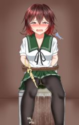 Rule 34 | 1girl, arms behind back, bdsm, black pantyhose, black ribbon, blush, bondage, bound, breasts, brown background, brown hair, chair, crying, embarrassed, female focus, gradient hair, green sailor collar, green skirt, half-closed eyes, have to pee, highres, indoors, kantai collection, looking at viewer, multicolored hair, mutsuki (kancolle), nabuki32, open mouth, pantyhose, peeing, peeing self, pleated skirt, red eyes, red hair, ribbon, rope, sailor collar, shirt, short hair, short sleeves, simple background, sitting, skirt, solo, tears, text focus, translation request, trembling, wet, wet clothes, white shirt