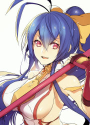 Rule 34 | 1girl, antenna hair, bare shoulders, blazblue, blazblue: central fiction, blazblue variable heart, blue hair, bow, breasts, fingerless gloves, genderswap, genderswap (mtf), gloves, hair between eyes, hair bow, hair ribbon, holding, holding weapon, large breasts, long hair, mai natsume, polearm, ponytail, purple eyes, red gloves, ribbon, sideboob, sidelocks, smile, solo, spear, uzukinoko, very long hair, weapon, yellow bow