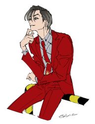 Rule 34 | 1boy, chris redgrave, cowboy shot, ear piercing, elbow on arm, formal, from side, green eyes, grey hair, grey shirt, hand on own chin, high card, jacket, light smile, male focus, mojisan (ebimo), necktie, pants, piercing, red jacket, red necktie, red pants, red suit, shirt, short hair, signature, simple background, sitting, solo, suit