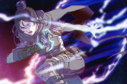 Rule 34 | 1girl, animification, apex legends, belt, black scarf, bodysuit, breasts, electricity, explosive, floating hair, glowing, glowing eyes, green belt, grenade, hair behind ear, hair bun, holding, holding weapon, leaning forward, medium breasts, mizu cx, open hand, open mouth, parted bangs, purple eyes, running, scarf, shuriken, single hair bun, solo, v-shaped eyebrows, weapon, wraith (apex legends)