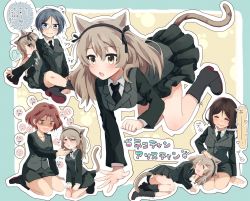 Rule 34 | ..., 4girls, all fours, animal ears, arm support, azumi (girls und panzer), back-to-back, black footwear, black hair, black jacket, black neckwear, black ribbon, black skirt, blue eyes, blush, boots, breasts, brown eyes, brown hair, cat ears, cat tail, cleavage, closed eyes, commentary, constricted pupils, cross-laced footwear, dress shirt, fang, female pervert, girls und panzer, grey eyes, grey hair, hair ribbon, half-closed eyes, hand on another&#039;s chin, headpat, heart, heart-shaped pupils, heavy breathing, highres, indian style, jacket, kemonomimi mode, kneeling, lace-up boots, light brown hair, long hair, long sleeves, looking at another, looking at viewer, looking back, lying, medium breasts, megumi (girls und panzer), military, military uniform, miniskirt, motion lines, multiple girls, necktie, no emblem, no shirt, on side, one side up, outline, panties, pantyshot, paw print, pencil skirt, pervert, pleated skirt, print bag, ribbon, round eyewear, rumi (girls und panzer), seiza, selection university military uniform, senta (ysk 0218), shimada arisu, shirt, sitting, skirt, sleeping, spoken ellipsis, sweat, swept bangs, symbol-shaped pupils, tail, translated, twitching penis, uncommon stimulation, underwear, uniform, white outline, white panties, white shirt