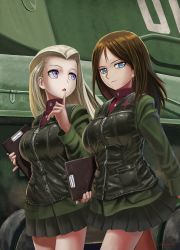 Rule 34 | 10s, 2girls, abazu-red, black hair, black skirt, blue eyes, clara (girls und panzer), clipboard, closed mouth, cowboy shot, girls und panzer, green jacket, highres, holding, jacket, long hair, long sleeves, looking at viewer, looking back, looking to the side, military, military uniform, military vehicle, miniskirt, motor vehicle, multiple girls, nonna (girls und panzer), parted lips, pleated skirt, red shirt, shirt, skirt, standing, swept bangs, tank, turtleneck, uniform, vest, walking