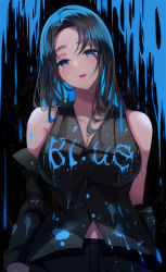 Rule 34 | 1girl, absurdres, bare shoulders, black background, black hair, black jacket, black pants, blue background, blue eyes, blue hair, blush, breasts, buttons, cleavage, collarbone, gongha, highres, jacket, large breasts, long hair, looking at viewer, multicolored hair, off shoulder, open mouth, original, paint, paint on body, paint on clothes, pants, shirt, sleeveless, sleeveless shirt, upper body