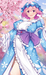 Rule 34 | 1girl, blue kimono, blurry, blurry background, blush, breasts, cherry blossoms, collarbone, commentary request, dango, feet out of frame, floral print, floral print kimono, food, frilled kimono, frilled sleeves, frills, hat, hataraki kuma, highres, holding, holding food, japanese clothes, kimono, large breasts, looking at viewer, medium bangs, mob cap, obi, obijime, open mouth, outdoors, pink eyes, pink hair, purple sash, saigyouji yuyuko, sash, short hair, smile, solo, thighs, touhou, triangular headpiece, wagashi, wide sleeves