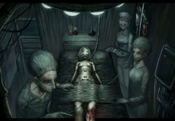Rule 34 | 1boy, 3girls, absurdres, bed, blood, breasts, doctor, dysoor, eyepatch, highres, hospital, hospital bed, injury, intravenous drip, long hair, mouth mask, multiple girls, nude, nurse, original, oxygen mask, scalpel, short hair, silver hair, small breasts, surgery, surgical mask, syringe, x-ray