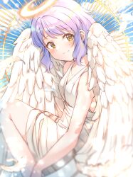 Rule 34 | 1girl, angel, angel wings, blue sky, blurry, blurry foreground, blush, breasts, cloud, collarbone, commentary, dress, feathered wings, feathers, halo, idolmaster, idolmaster million live!, legs, looking at viewer, makabe mizuki, purple hair, shiitake taishi, short hair, sidelocks, sitting, sky, sleeveless, sleeveless dress, small breasts, smile, solo, symbol-only commentary, thighs, wavy hair, white dress, white wings, wings, yellow eyes