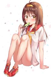 Rule 34 | 1girl, ahoge, arm support, bad id, bad pixiv id, blush, brown eyes, brown hair, commentary, dress, eating, fingernails, food, full body, hair between eyes, hairband, highres, holding, holding food, kubong, long hair, neckerchief, original, popsicle, red footwear, red sailor collar, sailor collar, sailor dress, shoes, short sleeves, sitting, solo, sweat, water drop, white dress, yellow hairband, yellow neckerchief