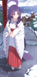 Rule 34 | 1girl, absurdres, blue archive, closed mouth, day, eyeliner, full body, gubbi on, hakama, halo, highres, japanese clothes, long hair, long sleeves, makeup, miko, outdoors, purple eyes, purple hair, purple halo, red eyeliner, red hakama, ribbon-trimmed sleeves, ribbon trim, sandals, snow, socks, solo, stairs, tabi, white socks, wide sleeves, yukari (blue archive), zouri