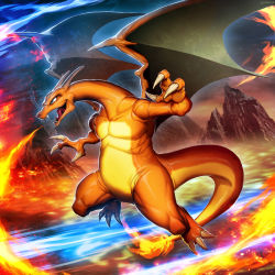 Rule 34 | blue eyes, charizard, claws, creatures (company), dragon, fangs, fire, flame-tipped tail, flying, game freak, gen 1 pokemon, genzoman, horns, nintendo, no humans, pokemon, pokemon (creature), solo, tail, wings