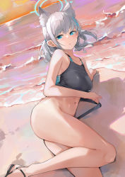 Rule 34 | 1girl, ahoge, animal ear fluff, animal ears, ass, bare arms, bare legs, beach, blue archive, blue eyes, blush, breasts, bright pupils, clothes pull, competition swimsuit, cross hair ornament, dema hmw, dutch angle, evening, extra ears, feet out of frame, frontal wedgie, grey hair, hair ornament, halo, highres, legs, looking at viewer, lying, medium breasts, medium hair, mismatched pupils, navel, ocean, on floor, on side, one-piece swimsuit, one-piece swimsuit pull, parted lips, ponytail, pulled by self, revision, sandals, shiroko (blue archive), shiroko (swimsuit) (blue archive), sky, solo, swimsuit, thighs, two-tone swimsuit, water, wedgie, white pupils