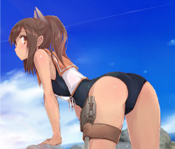 Rule 34 | 1girl, arm support, ass, beach, blue one-piece swimsuit, blush, brown eyes, brown hair, closed mouth, day, gun, hair ornament, hairclip, i-401 (kancolle), kantai collection, leaning forward, long hair, looking at viewer, ocean, one-piece swimsuit, outdoors, ponytail, revision, rock, sky, solo, swimsuit, tan, thigh strap, weapon, yumesato makura