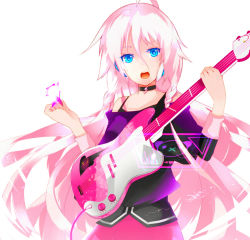Rule 34 | 1girl, ahoge, bare shoulders, blue eyes, braid, choker, guitar, ia (vocaloid), instrument, long hair, looking at viewer, music, off shoulder, open mouth, pink hair, simple background, singing, solo, tealovely, twin braids, very long hair, vocaloid