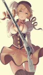 Rule 34 | 10s, 1girl, beret, between breasts, blonde hair, breasts, cleavage, corset, detached sleeves, drill hair, fingerless gloves, gloves, gun, hat, large breasts, magical girl, magical musket, mahou shoujo madoka magica, mahou shoujo madoka magica (anime), nakaichi (ridil), puffy sleeves, simple background, solo, striped clothes, striped thighhighs, thighhighs, tomoe mami, twin drills, twintails, vertical-striped clothes, vertical-striped thighhighs, weapon, yellow eyes