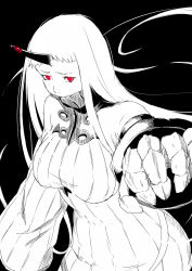 Rule 34 | 10s, breasts, claws, covered mouth, highres, horns, jewelry, kantai collection, large breasts, long hair, long sleeves, looking back, monochrome, neck ring, niwatazumi, reaching, reaching towards viewer, red eyes, seaport princess, simple background, single horn, solo, white hair