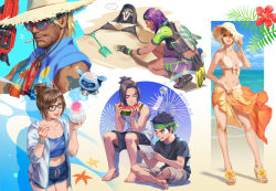 Rule 34 | ..., 3girls, 4boys, :d, :t, ^ ^, aged down, bad id, bad pixiv id, barefoot, beach, bikini, bikini top only, black-framed eyewear, black bikini, black hair, black shorts, blonde hair, blue eyes, blue male swimwear, blue swim trunks, bowl, breasts, brown eyes, brown hair, cassidy (overwatch), cleavage, closed eyes, collarbone, crossed legs, dark-skinned female, dark skin, drawstring, eating, facial hair, fireworks, flippers, flower, food, food in mouth, front-tie bikini top, front-tie top, fruit, game console, genji (overwatch), glasses, gloves, goggles, goggles on head, grey shorts, gun, hage2013, hair bun, hair ornament, hair stick, halterneck, handgun, hanzo (overwatch), hat, headband, highres, hood, invisible chair, jacket, lifeguard cassidy, male swimwear, mask, medium breasts, mei (overwatch), mercy (overwatch), mexico, midriff, mouth hold, multiple boys, multiple girls, navel, open mouth, overwatch, overwatch 1, pistol, plump, popsicle, popsicle stick, purple hair, purple male swimwear, purple swim trunks, reaper (overwatch), red-framed eyewear, sand, sandals, shaved ice, shirt, shorts, shovel, silhouette, single hair bun, sitting, sleeves rolled up, smile, snowball (overwatch), sombra (overwatch), speech bubble, spoon, squatting, standing, summer, sun hat, sunglasses, sweat, swim trunks, swimsuit, t-shirt, teeth, toes, towel, towel around neck, watermelon, weapon, young genji, young hanzo