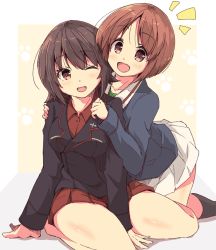 Rule 34 | 2girls, brown eyes, brown hair, girls und panzer, hand on another&#039;s arm, hug, hug from behind, multiple girls, nishizumi maho, nishizumi miho, notice lines, one eye closed, open mouth, parted bangs, paw print, paw print background, school uniform, short hair, siblings, sisters, sitting, smile, tareme, tom q (tomtoq)