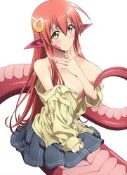 Rule 34 | 10s, 1girl, between breasts, breasts, cleavage, covering privates, covering breasts, fang, hair ornament, hairclip, highres, lamia, large breasts, long hair, looking at viewer, miia (monster musume), monster girl, monster musume no iru nichijou, open clothes, pointy ears, red hair, scales, simple background, slit pupils, smile, solo, very long hair, white background, yellow eyes