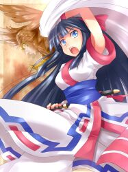 Rule 34 | 1girl, ainu clothes, arm up, armpits, blue eyes, blue hair, breasts, fingerless gloves, gloves, hair ribbon, highres, large breasts, legs, long hair, looking at viewer, mamahaha, nakoruru, open mouth, ribbon, samurai spirits, smile, snk, the king of fighters, thighs