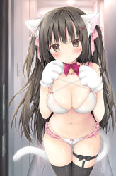 Rule 34 | 1girl, absurdres, animal ear fluff, animal ears, animal hands, bare shoulders, black hair, black thighhighs, blush, bow, bow panties, bra, breasts, brown eyes, cat ears, cat girl, cat tail, cleavage, closed mouth, commentary request, frilled panties, frills, gloves, gluteal fold, hair bow, hands up, highres, indoors, korie riko, long hair, medium breasts, navel, original, panties, paw gloves, pink bow, smile, solo, standing, tail, thigh gap, thighhighs, two side up, underwear, very long hair, white bra, white gloves, white panties